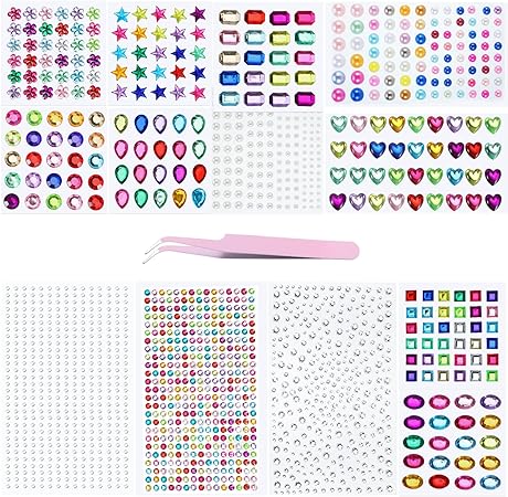 Colovis 1551 Pcs Gem Stickers for Crafts, 12 Shapes Multi-Color Self Adhesive Rhinestone Stickers and Pearl Stickers with Tweezer for Arts Projects, Nails, Face, Eyes Decoration
