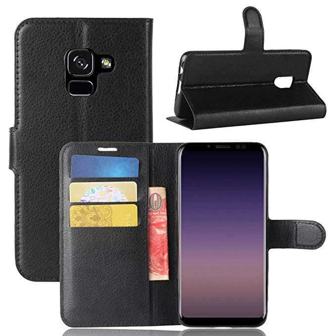 Samsung Galaxy A8 2018 Case,MYLB High Quality Litchi Skin PU Leather [Wallet Flip Cover] [Card Holder] Stand Magnetic Folio Case for Samsung Galaxy A8 2018 Smartphone (Black)