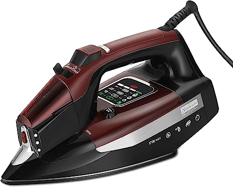 Sunbeam Professional Steam Iron, 1700 Watt, Large Nonstick Ceramic Soleplate, Horizontal or Vertical Shot of Steam, Self Cleaning, Large LED Screen and Bright LED Lights, 8' Swivel Cord, Black/Red
