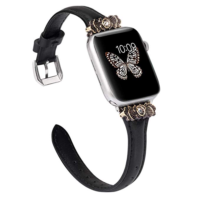 Wearlizer Black Thin Leather Compatible with Apple Watch Band 42mm 44mm iWatch Womens Slim Metal with Unique Decoration Strap Replacement Wristband Beauty Bracelet (Silver Metal Clasp) Series 4 3 2 1