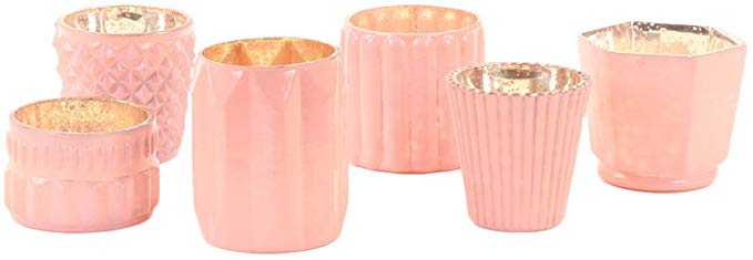 Koyal Wholesale Mixed Mercury Glass Candle Holders, 6-Pack, Mismatched Candle Holders for Candle Votives, Assorted Modern Geometric Decor, Quinceanera, Bridal Shower, Baby Shower (Blush Pink)