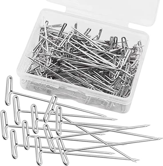 100pcs Wig T-Pins 2 Inch with Plastic Storage Box Silver Stainless Steel T Pins for Blocking Knitting Sewing Modelling Office Wall Crafts Wig Pins for Foam Head