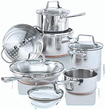 Paderno 12-Piece Stainless-Steel Copper Core Cookware Set | Kitchen Pots and Pans Set with Covered Steamer