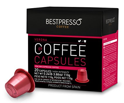 Nespresso Compatible Gourmet Coffee Capsules - 20 Pod Verona Blend (High Intensity) - For Original Line Nespresso Machine -Bestpresso Brand - Certified Genuine Espresso -60 Days Satisfaction Guarantee