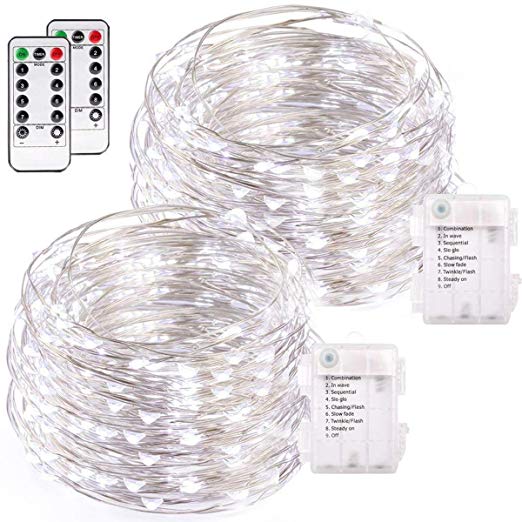 buways 2 Pack 75 LED 24.6ft Battery Operated Fairy String Lights with Remote, Waterproof 8 Modes Silver Wire Firefly Lights for Wedding Christmas Party Bedroom Indoor Outdoor Decor (Cool White)