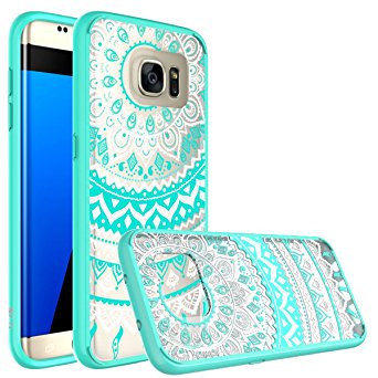 Galaxy S7 Edge Case, SmartLegend Retro Totem Mandala Floral Pattern Clear Acrylic PC Hard Back Cover with TPU Bumper Frame Hybrid Transparent Protective Shell Case for Samsung Galaxy S7 Edge - Mint