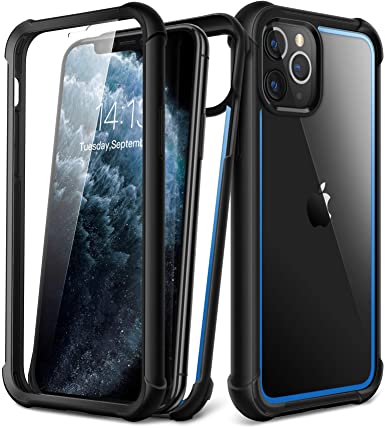 MOBOSI Epoch Series iPhone 11 Pro Max Case 2019, [Built-in Tempered Glass Screen Protector] Full Body Rugged Clear Phone Case Shockproof Protective Cover for iPhone 11 Pro Max 6.5 Inch (Black/Blue)