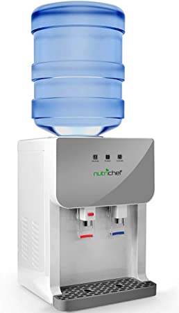 NutriChef Top Loading Compact Mini Desktop/Countertop Water Cooler Dispenser Hot and Cold w/Thermoelectric Cooling, Child Safety Lock, for 3 or 5 Gallon Bottle/Jug PKTWC36SL