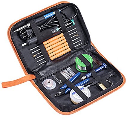 Soldering Iron Tool Kit, 60W 110V Adjustable Temperature Solder Iron, Lead-Free Wire, Sucker, Wick, Anti-Static Tweezers, Wire Cutter, Flux Paste, Screwdriver with Exchangeable Tips, Stand, Cleaner