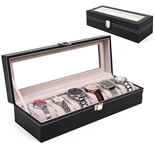 Nulink™ 6 Grid Top Glass Display Black Leather Watch Jewelry Storage Case Organizer