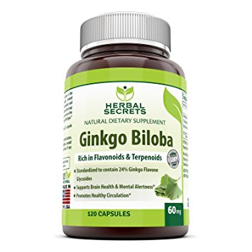 Herbal Secrets Ginkgo Biloba Supplement - 60 mg Ginkgo Leaf Extract (Standardized to Contain 24% Ginkgo Flavone Glycosides) in each Capsule - Memory Support & More - 120 Capsules Per Bottle