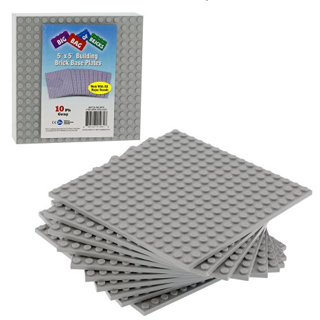 Brick Building Base Plates By SCS - Small 5"x5" Grey Baseplates (10 Pack) - Tight Fit with All Major Brick Sets