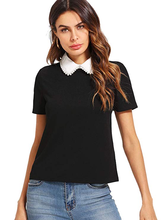 Romwe Women's Cute Contrast Collar Short Sleeve Casual Work Blouse Tops