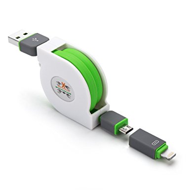OKCS® 2 in 1 Micro USB connector and Lightning 8 Pin! Charger Bright Roll up retractable data cable charging cable with cable ties to iPhone, iPad, iPod / Samsung, HTC, LG, Sony, etc. - Green