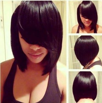MARIAN Fashion Hairstyles Sythetic Short Straight Bob Wig Jet Black 1b for Women with Side Bangs   a Free Wig Cap W8046