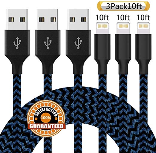 iPhone Charger,Suanna MFi Certified Lightning Cable 3Pack 10FT Extra Long Nylon Braided USB Charging & Syncing Cord Compatible iPhone Xs/Max/XR/X/8/8Plus/7/7Plus/6S/6S Plus/5S/SE/iPad - Black Blue