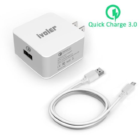 [Quick Charge 3.0] Wall Charger, iVoler® Adaptive Fast Charging 18W USB Wall Charger [QC 2.0 & USB Type C Compatible] for Samsung Galaxy S7/S7 Edge/S6/S6 Edge/Edge , Note 5/4/Edge, LG G5/LG V10/G4, HTC 10/A9/M9, Nexus 6, Nexus 6P/5X,Oneplus 2, Microsoft Lumia 950/950XL, iPhone,iPad & more [Includes Extra Long 20AWG 6.6FT/2M Quick Charge Micro USB Cable] (White)