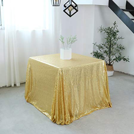 TRLYC 90''x90'' Sparkly Gold Cake Square Sequins Wedding Tablecloth, Sparkly Overlays Table Cloth