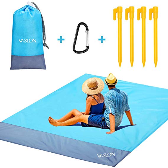 VASLON Beach Blanket 79 * 55inch, Sand Proof and Water Resistant, Pocket Picnic Blanket for Outdoor Travel Camping Festival Sports (Blue-Gray)