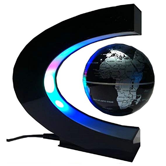 koiiko Floating Globe Magnetic Globe Levitating Globe Funny C Shape Rotating World Globe Lamp World Map with Colorful LED Light for Desk Decoration Gifts, (Black)