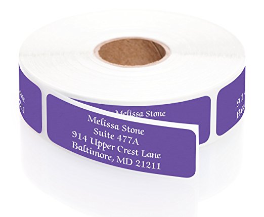 Purple Colored Personalized Address Labels with White Print and Elegant Plastic Dispenser - Roll of 250