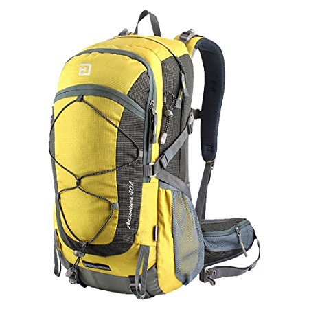 Duhud 40L Hiking Daypack Travel Camping Internal Frame Backpack Water-resistant Outdoor Sports Lightweight Casual Backpack School bag with Rain Cover D010832(Yellow)