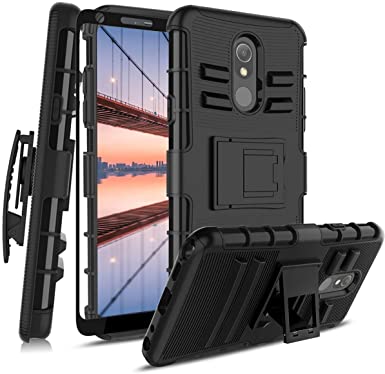 Compatible with stylo 5 Case,Stylo 5 Plus,Stylo 5V,Stylo 5   Case W [Tempered Glass Screen Protector] Built-in Kickstand Swivel Combo Holster Belt Clip Hard PC Back & Soft TPU Inner Armor, Black