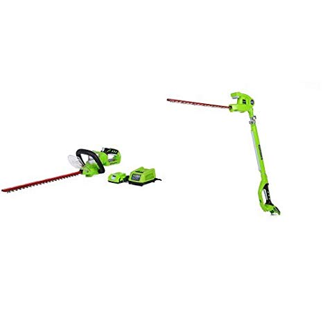 Greenworks G-24 Cordless 22" Hedge Trimmer and 20" Pole Hedge Trimmer