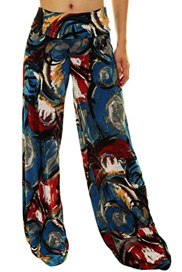 Uptown Apparel Womens Fold Over Waist Wide Leg Palazzo Pants, Good for Tall Curvy Women-Ships from USA(CA, Los Angeles)