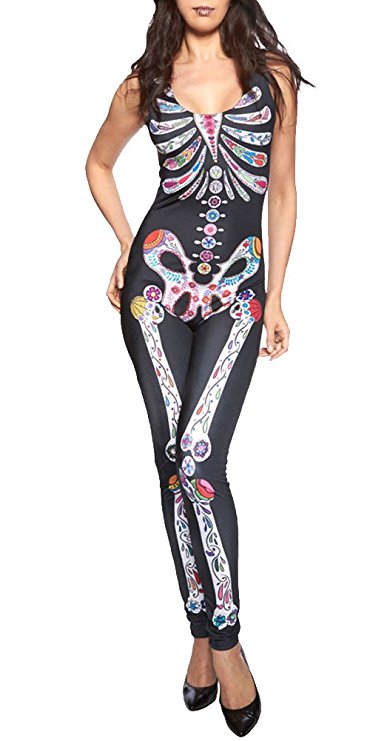 Womens Sleeveless Sugar Skull Adult Halloween Catsuit Costume Jumpsuits Romper