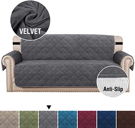 H.VERSAILTEX Ultra Soft Velvet Sofa Covers for Living Room Slip Resistant Quilted Furniture Protector with 2" Straps and Pockets Seat Width Up to 70" Couch Cover for Dogs (Sofa Large: Gray)