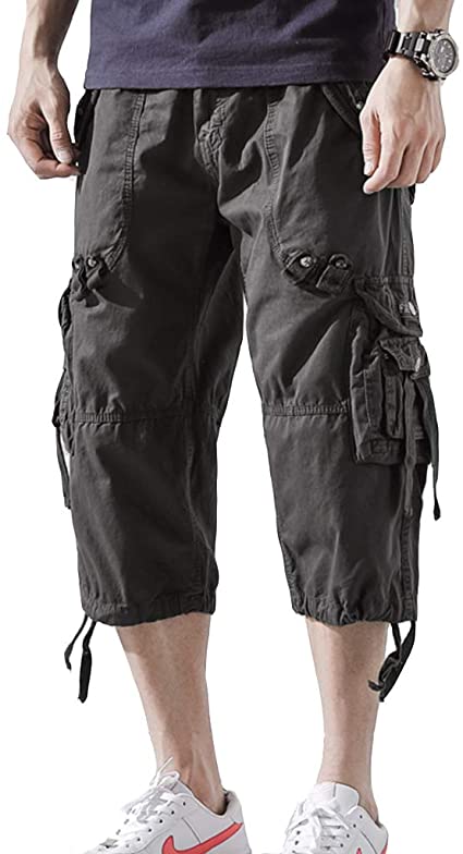 DONGD Mens Cargo Shorts Cotton 3/4 Loose Fit Below Knee Capri Cargo Short