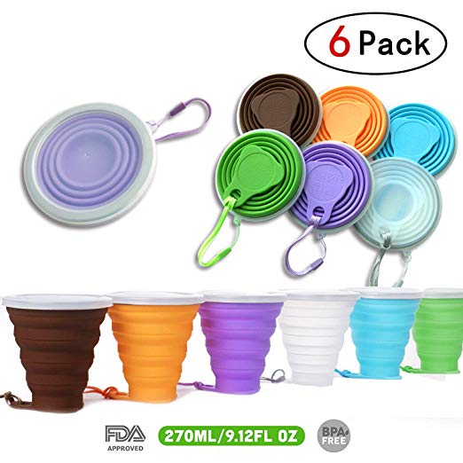 DARUNAXY Silicone Collapsible Travel Cup - 6 Pack Silicone Folding Camping Cup with Lids - Expandable Drinking Cup Set - BPA Free, Reuseable, Portable, Graduated [9.22oz]