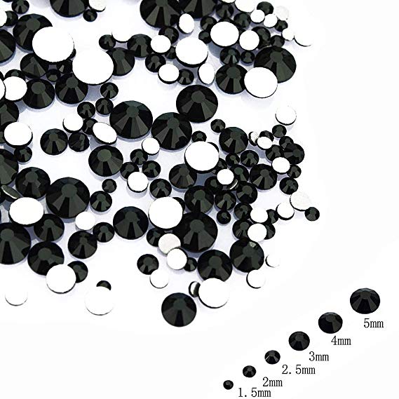 LolliBeads Resin Crystal Round Nail Art Mixed Flat Backs Acrylic Rhinestones Gems,Mix Size 1.5-5 mm, Color Black (1200Pcs)