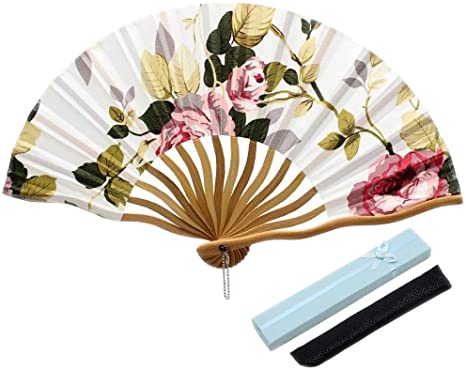 JSSWB Mini Handmade Black Silk Folding Fan with Blooming Flowers (MINI003)