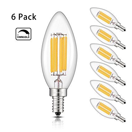 OMAYKEY LED Candelabra Bulbs 6W Dimmable, 60W Equivalent 600 Lumens 2700K Warm White, E12 Base C35 Candle Torpedo Shape, 360 Degrees Beam Angle, Pack of 6