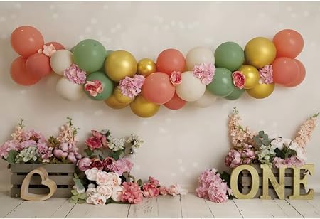 Baby Girls 1st Cake Smash Backdrop 7x5ft Fabric Baby Girls 1st Birthday Party Decoration Backdrop Colored Balloons Flowers Photos Baby Girl First Birthday Backdrop One Year Old Pictures Backdrop
