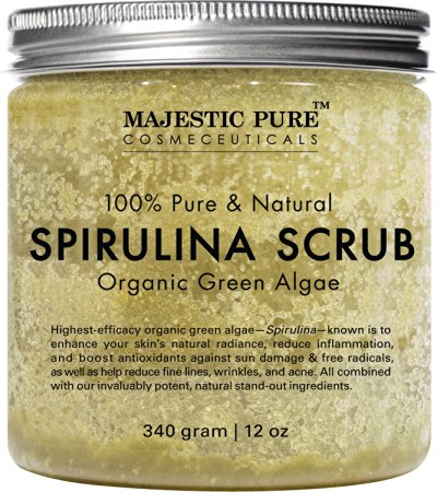Spirulina Body Scrub from Majestic Pure, Natural Skin Care with Vitamin E and Dead Sea Salt, Fights Acne, Softens and Cleanses Skin, 12 oz