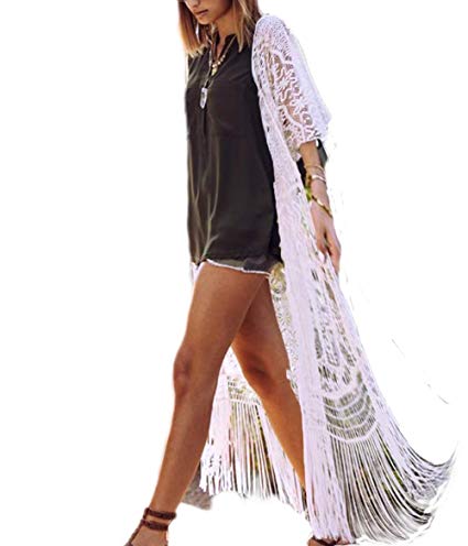 Bsubseach Women Sexy Lace Crochet Open Front Swimsuit Beach Long Kimono Cover Ups