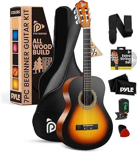 Pyle Beginner Acoustic Guitar Kit, 1/2 Junior Size All Wood Instrument for Kids, Adults, 34" Sunburst Teardrop Matte