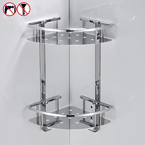 BESy Shower Corner Caddy Bathroom Shelf Floating , No Drilling with Glue or Wall Mounted with Screws,Heavy Duty and SUS304 Stainless Steel 2 tiers Storage Shelves Triangle Basket with Hooks,Chrome