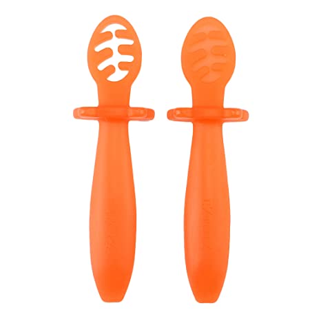 eZtotZ Little Dippers Baby Spoon | Made in USA Soft BPA Free Silicone | Self Feeding Utensil Set | Great for Teething and Baby Led Weaning (Orange)