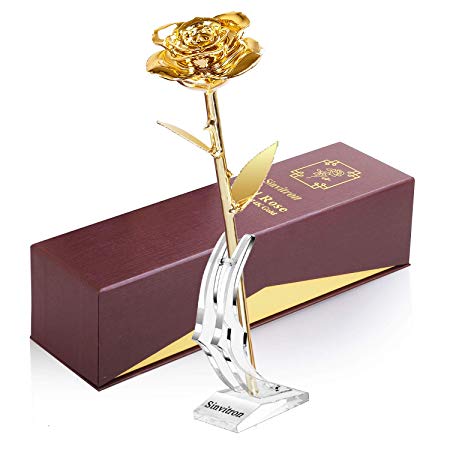 Sinvitron Rose Dipped in Gold, Real 24K Gold Dipped Rose Long Stem with Stand, Lasted Forever, Ideal Gift for Valentines' Day, Birthday, Anniversary, Mother's Day, Christmas for her