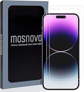 MOSNOVO Premium Glass Screen Protector for iPhone 14 Pro Max [Guidance Frame Include] (Pack of 2) [Easy Install][Anti Scratch][Advanced HD Clarity][Bubble Free][Case Friendly]