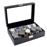 Caddy Bay Collection Classic Black Watch Case With Glass Clear Top Holds 10 Watches With Lock