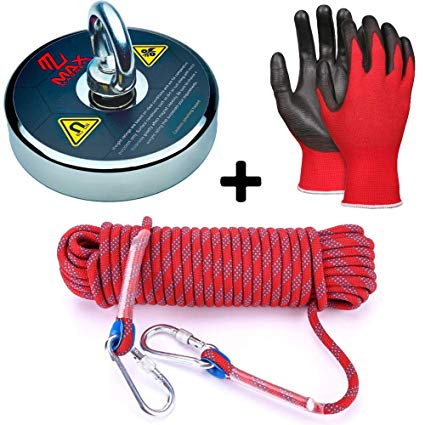 1,300  LBS Pulling Force Max Magnets Fishing Magnet Kit with Heavy Duty Rope   2 Carabiners   Gloves, 4.72 Inch Diameter.