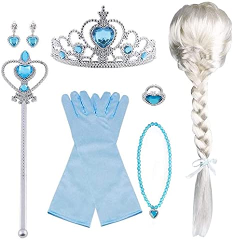 Vicloon Elsa Gloves Kits, Elsa Costume Set of 7, Including Upgrade Princess Tiara Brai, Elsa Gloves, Elsa Crown and Magic Wand