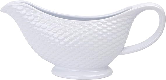 Home Essentials 15177 Fiddle and Fern Basketweave Embossed Gravy Boat, 9-inch Length, White