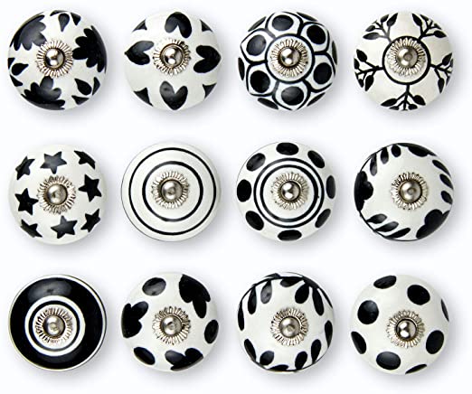 Set of 12 Handmade Ceramic Knobs | 3 Colour Design Ceramic Cabinet Knobs | Drawer Pulls for Home, Kitchen, Bathroom or Office | Drawer Knobs Comes with Wrench, Screw Cap & Extra Screws, Bolts (Black)