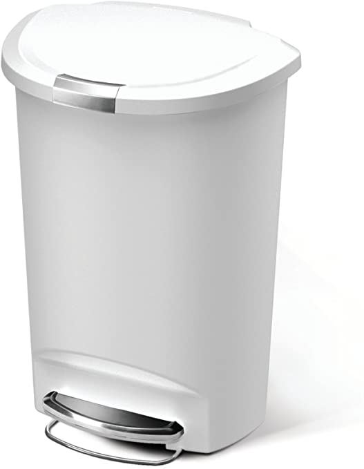 simplehuman 50 Liter / 13 Gallon Semi-Round Kitchen Step, White Plastic with Secure Slide Lock Trash can